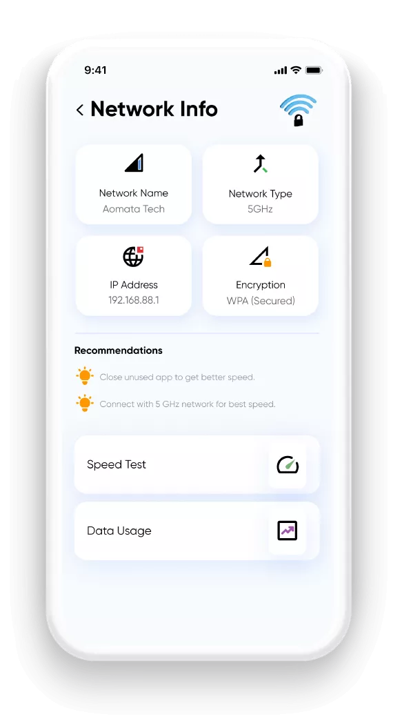 Network info screen with speed test and data usage monitoring features